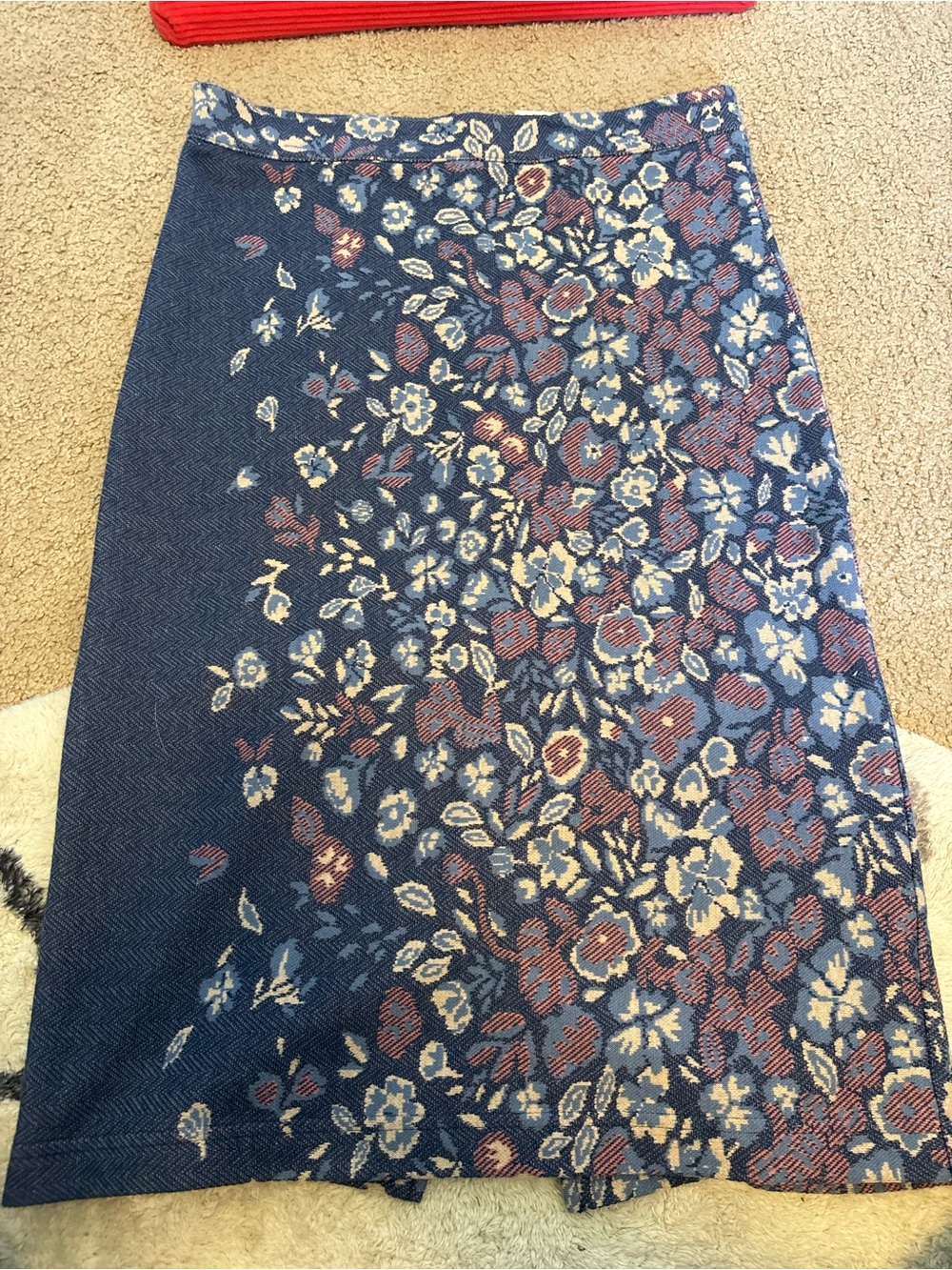 Maeve Navy Floral Midi Skirt with Cream and Dusty Red Accents